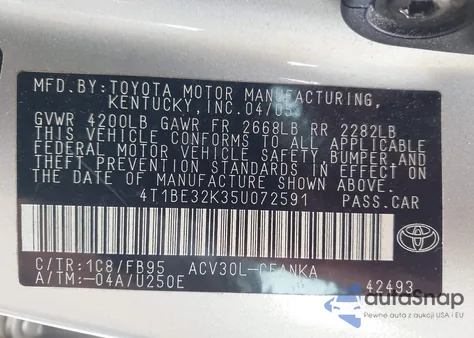 2005 Toyota Camry Le из США, поврежденный, VIN 4T1BE32K35U072591